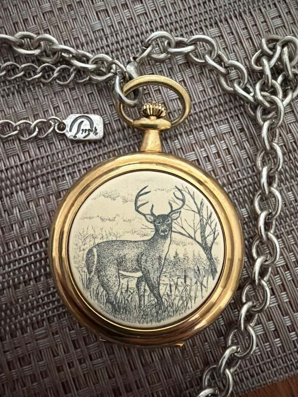 Colibri Quartz Pocket Watch with Deer Illustration and Chain
